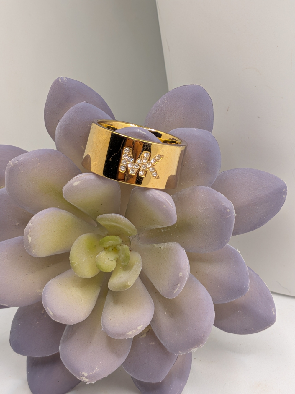 Michael Kors Gold Tone Wide Band Ring with Crystal Initials